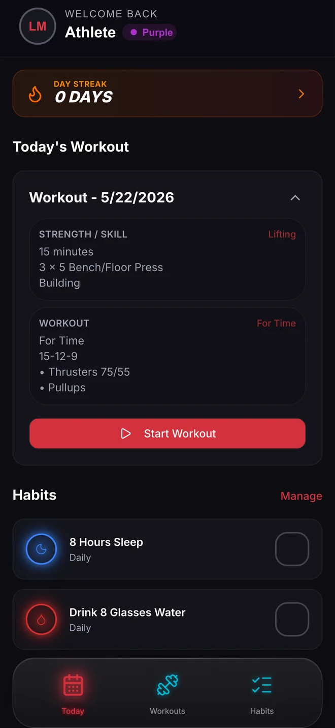 New LM Individual app showing today's level-scaled workout and daily habits